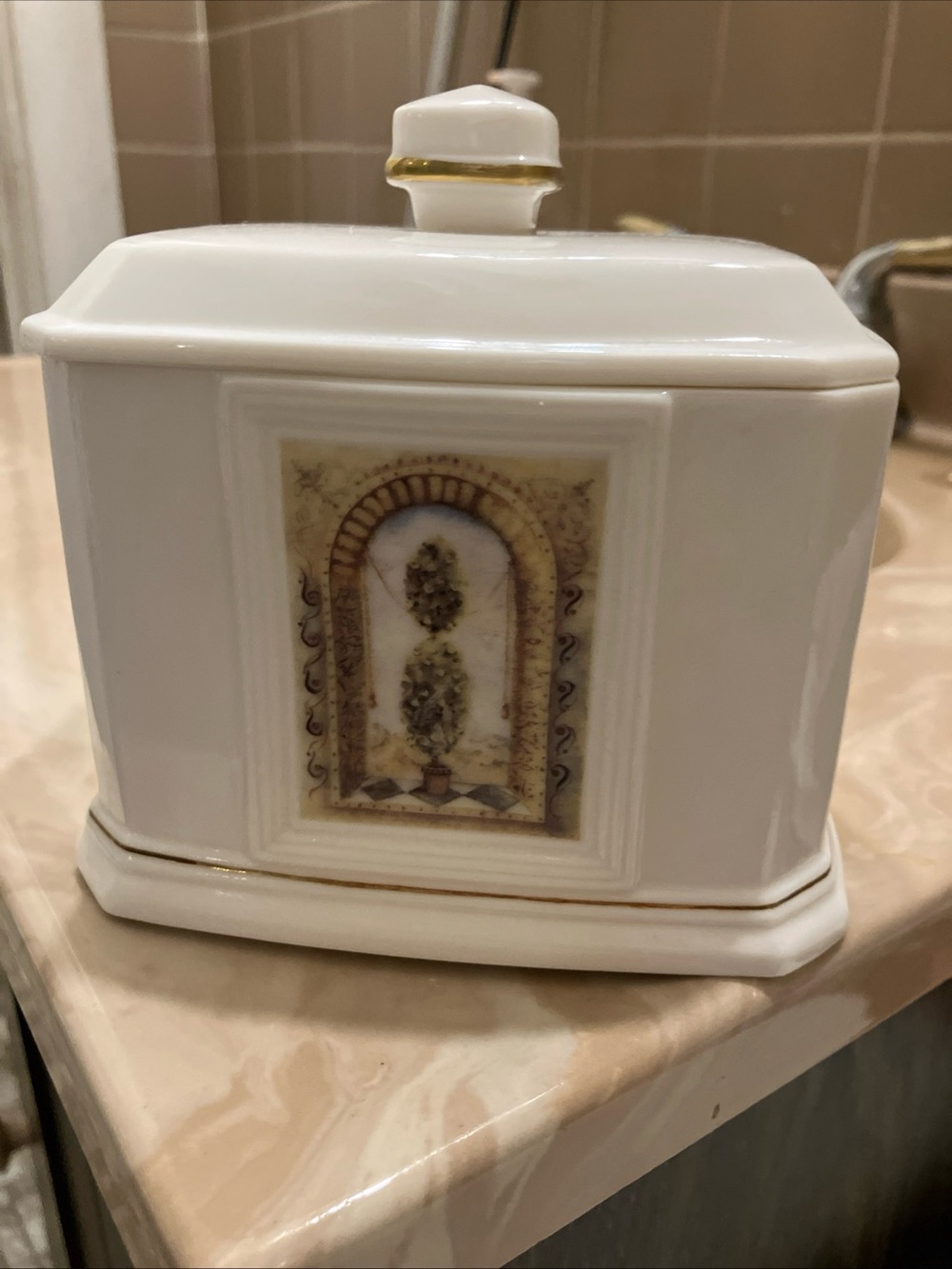 White Ceramic Decorative Canister with Gold Trim